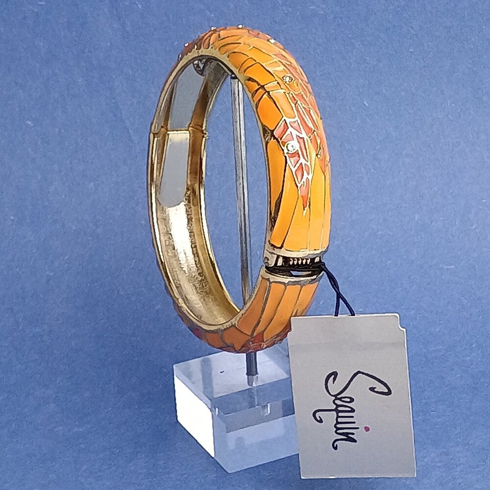 Butterfly Wing Pattern Orange Two Tone Enamel Hinge Clamper Bracelet Casual